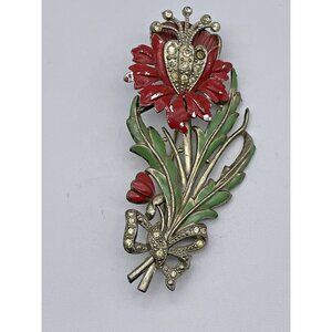 READ Vintage Signed NE New England Red Flower Rhinestone Brooch Pin Incomplete